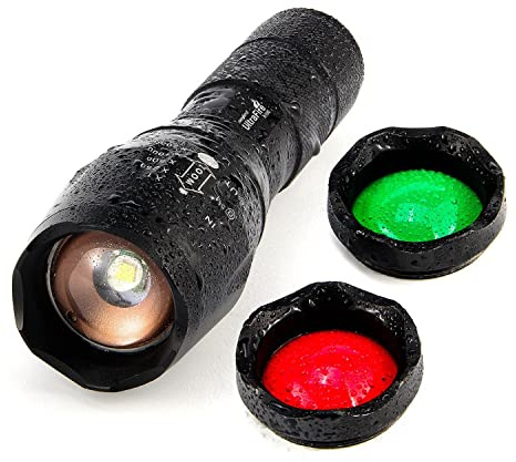ULTRAFIRE LED Tactical Torch 900 Lumens with Red Light Green Light, Zoomable 5 Modes Bright Small Flashlight, 3 Color Interchangeable Filters for Camping Outdoor