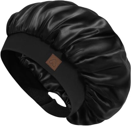 Hat Hut Bonnet Satin Soie Cheveux Nuit pour Femme Homme - Bonnet pour Cheveux Bouclés Naturels - Large Bande réglable - Double Couche (FR/ES, Alpha/Lettres, Taille Unique, Noir)