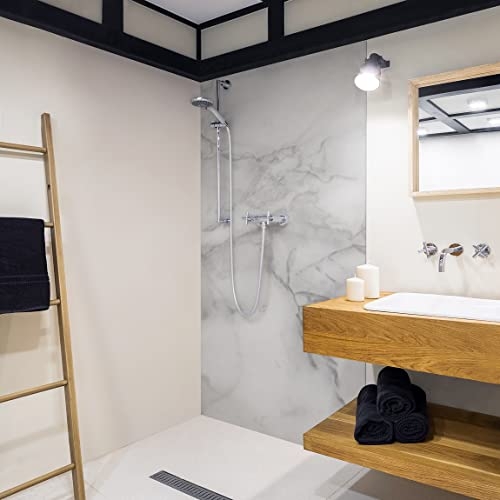 Duschrückwand Steinoptik - Marmoroptik Schwarz Weiß, Badrückwand Hartfolie Premium Glanz 0,61 mm, 1-teilig 200x80 cm