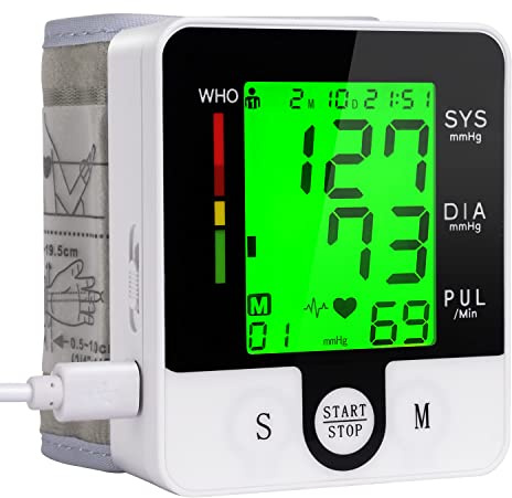 Wrist Blood Pressure Monitor for Home Use Digital Automatic Talking Wrist Blood Pressure Cuff, Rechargeable Blood Pressure Machine Adjustable Bp Cuff 3 Color Backlit LCD Display