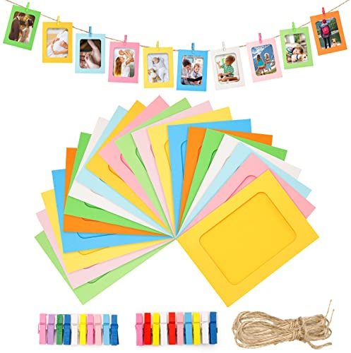 G2PLUS 20PCS Cadres Photo en Papier, Cadres en Carton 11.5 * 15.5CM DIY Kraft Papier Cadres Mini Clips en Bois et Cordes en Chanvre pour la décoration Murale de Photos à la Maison