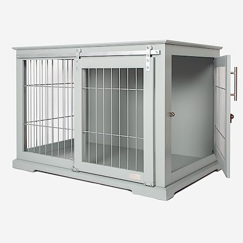 Lords & Labradors Wooden Sliding Door Dog Crate (Grey) | Suitable for All Breeds & Sizes | Dog Crate Furniture with Bed & Cushion