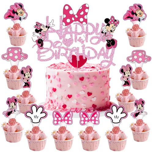 Niedliche Mäuse Kuchen Dekoration Set, Cartoon Thema Party Dekoration Supplies, Rosa Geburtstag Tortenaufleger Mädchen und Cupcake Toppers Personalisiert, Mini Maus Geburtstagsdeko