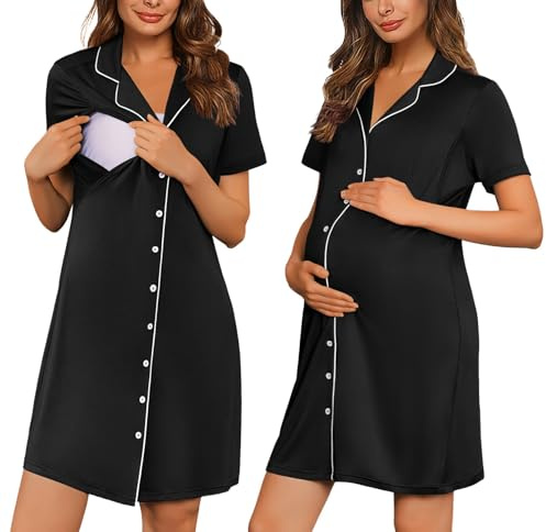 Ekouaer Button Down Nursing Nightgown V Neck Breastfeeding Dress Short Sleeve Classic Maternity Pajamas Black