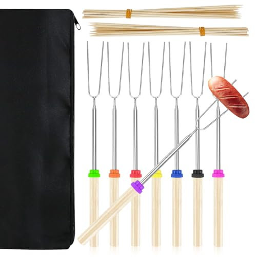 LAGAHS 8 forchette da tostatura Marshmallow con 20 bastoncini di bambù, forchette telescopiche in acciaio inox da 81 cm, con manico in legno, per arrostire marshmallow