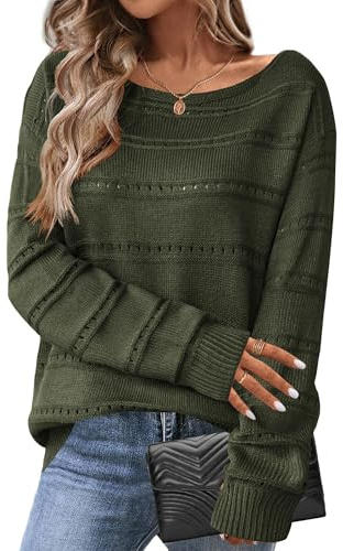 HOTOUCH Maglioni da donna UK a maniche lunghe per autunno e inverno, maglione morbido con scollo profondo, pullover lungo con spalle scoperte, maglione lavorato a maglia, Verde militare, XXL