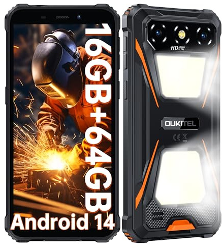 OUKITEL G5 Movil Resistente, 6.0'' HD Pulgadas Movil Irrompible con Doble Luz de Camping, 16GB+64GB (1TB TF), Batería 6300mAh Movil Android 14, Cámara 13MP+5MP, Face ID, Dual 4G SIM/GPS/BT5.0, Naranja