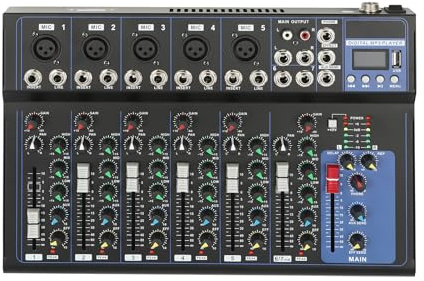 Ealtqund 7-Channel Audio Mixer with Bluetooth 48V Phantom Power & 3-Band EQ Professional Studio Sound for Podcasting, Live Music & DJing