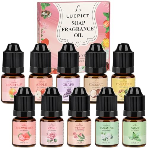 LUCPICT Olio profumato per sapone, olio profumato per la produzione di sapone, set di oli profumati in qualità alimentare, per bombe da bagno fai da te, muco, arte, candele, cosmetici (serie 10 x 6