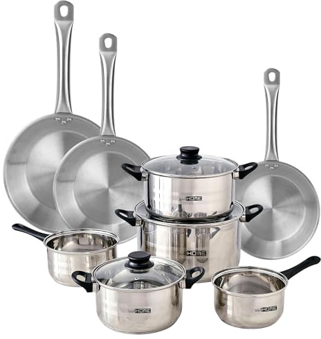 Well Home Set de Batería de Cocina de 8 Piezas y Sartenes en Acero inoxidable Ø20 Ø24 y Ø28 x5cm, Aptas para inducción y SIN antiadherente