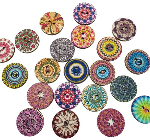 100 Pezzi Bottoni in legno per la lavorazione, Bottoni Rotondi stampato 15 mm con 2 fori, Pulsanti floreali colorati vintage assortiti per Cucire, Maglieria, Pittura, Decorazioni artigianali DIY (C)