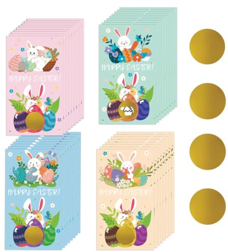 PLIGREAT 120 tarjetas de Pascua para rascar, tarjeta en blanco con huevos de dibujos animados con 120 calcomanías para rascar, 4 estilos, haz tus propios certificados de regalo para rascar para feliz