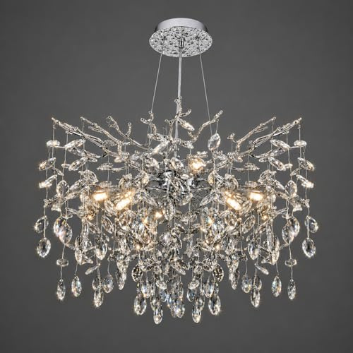 24 in Crystal Chandelier for Dining Room, Round Silver Tree Branches Chandeliers, Top K9 Crystal Chandelier, Modern Chandeliers for Kitchen,Foyer Entryway,Luxury Adjustable Hanging Chandeliers
