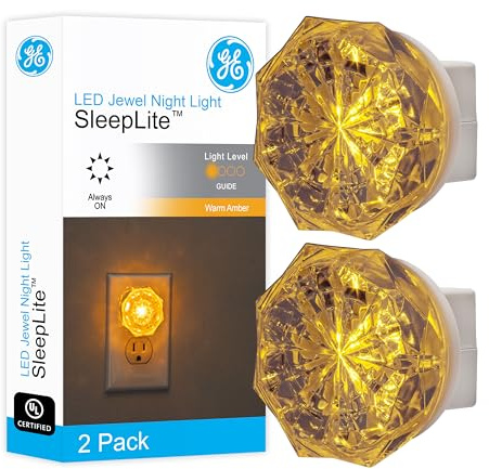 GE SleepLite Jewel LED Night Light, Plug-in, Always on, Amber, UL-Certified, Energy Efficient, Ideal Nightlight for Bedroom, Bathroom, Nursery, Hallway, Kitchen, 11286, 2 Pack