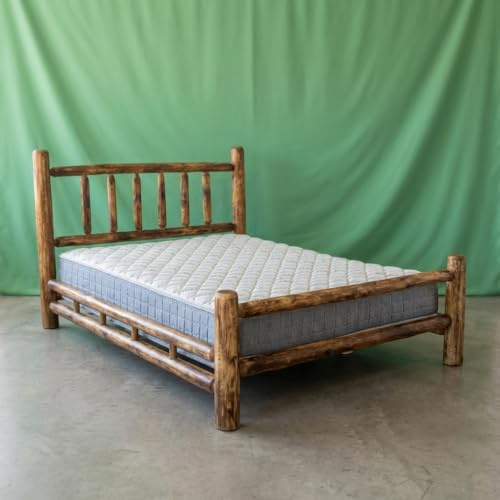 Log Bed Frame with Headboard, Queen Size - Torched Finish, Rustic, Solid Cedar Wood, Heavy Duty, Amish Handcrafted in USA