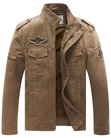 WenVen Homme Veste Militaire en Coton Veste d'Extérieur Veste Classique Manteau Zippé Randonnée Blouson Cargo Multipoches Veste Légère Casual Kaki M