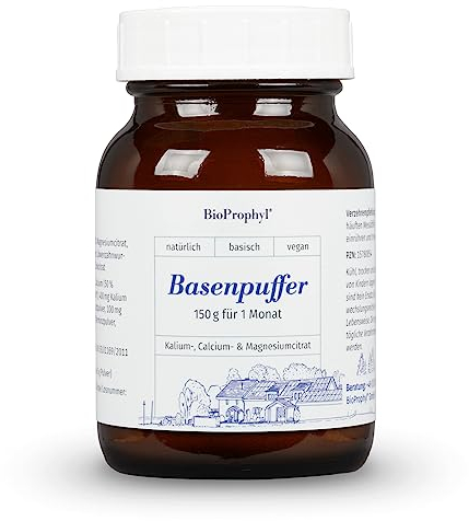 BioProphyl® Basenpuffer mit basischen Mineralstoffe als Citrat - Calcium, Kalium, Magnesium und Zink + Brennnessel- und Löwenzahnpulver - 150 g Pulver (30 Portionen à 5g) - 100% vegan