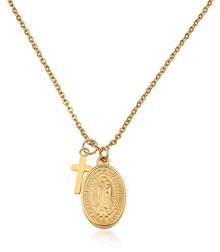 GD GOOD.designs EST. 2015 Collier Marie en Or pour femmes - Résistant à l'eau - Collier Madonna avec petit pendentif croix en acier inoxydable I Taille réglable 42+5cm