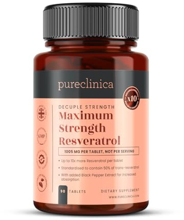 Pureclinica 90 compresse di resveratrolo da 1000 mg (fornitura per 3 mesi), 10 dosi con estratto di pepe nero