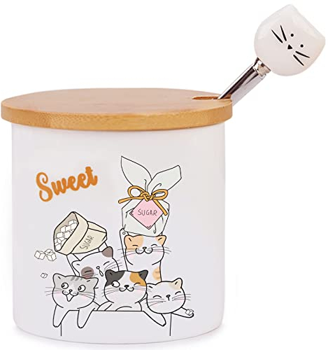 Chase Chic Sucrier avec couvercle et cuillère, pot à sucre en céramique de 9 oz/266 ml, sucrier blanc à motif de chat mignon pour la maison et la cuisine