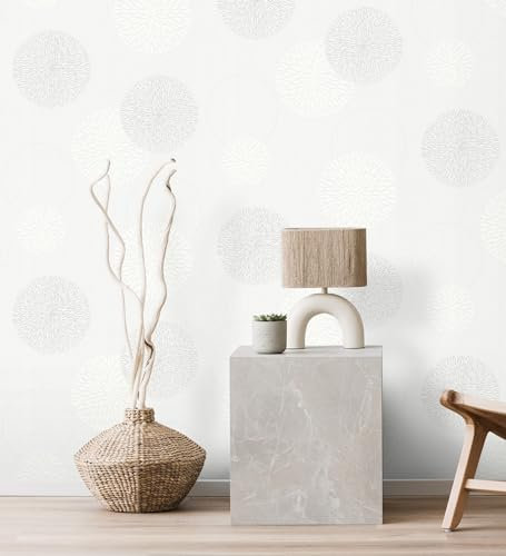 GAULAN - 451900 Papier Peint géométrique avec Cercles et Fleurs en Relief Gris Clair pour Mur Salon Cuisine Bain Chambre Couloir Meuble Stanza Salle à - Rouleaux de 10 m x 0,53 m