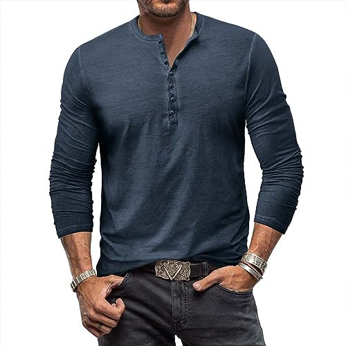 RQPYQF Camisetas Henley de Manga Larga para Hombre, Camisas Casuales con Botones Cuello Henley para Hombre CS07 Tamaño S-2XL (Azul Oscuro, S)