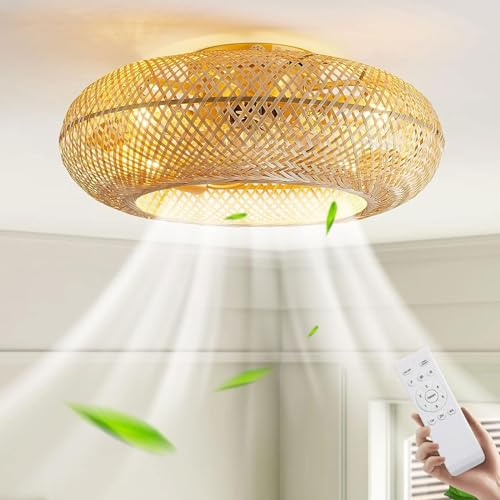 Deckenventilator Mit Beleuchtung Und Fernbedienung Leise E27 Retro Bambus Deckenlampe Mit Ventilator 6-Gang Reversibler Motor Deckenventilatoren Für Wohnzimmer Schlafzimmer Esszimmer Beleuchtung