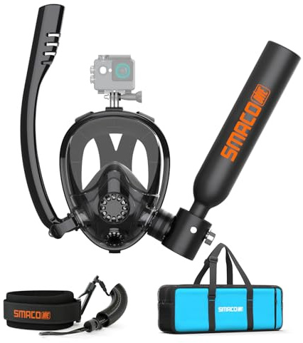 SMACO 0,5L Mini Tauchflasche mit Vollmaske Wiederverwendbare Tauchflasche mit Schnorchel Tragbarer Sauerstoffzylinder für Flachwassertauchen & Schnorcheln