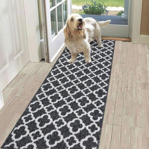 SHACOS Alfombra de Pasillo Antideslizante Negro 60x180cm Alfombra Cocina Lavable Antimanchas Absorbente Alfombra Corredor Pasillo Diseño Geométrico para Cocina, Entrada, Baño