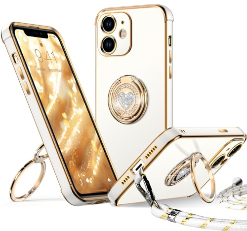 XYZ for iPhone 12 Mini Case with Stand, Double Ring Holder Case Heart with Lanyard for Girls Women, Luxury Cute Bling Protective Phone Cover for iPhone 12 Mini, White