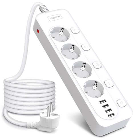 Steckdosenleiste Überspannungsschutz, 4 Fach Mehrfachsteckdose mit 4 USB, HUNIAN Verteilersteckdose (4000W/16A), Einzeln Schaltbar Wandmontage Steckdosen Kindersicherung, 2 m Kabel