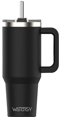 WATERSY 891 ml Vaso con Pajita, Taza Termica Café para Frío y Caliente, Vaso Termico con Asa de Acero Inoxidable, 30oz Tumbler Travel Mug, para Gimnasio, Oficina, Viaje (Negro)