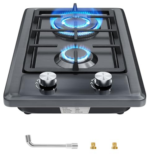 Placa de Gas,Placa de cocción a gas 2 fuegos, autosuficientecon protección térmica automática,Cocina empotrable acero inoxidable,convertible NG/LPG,4300 watt