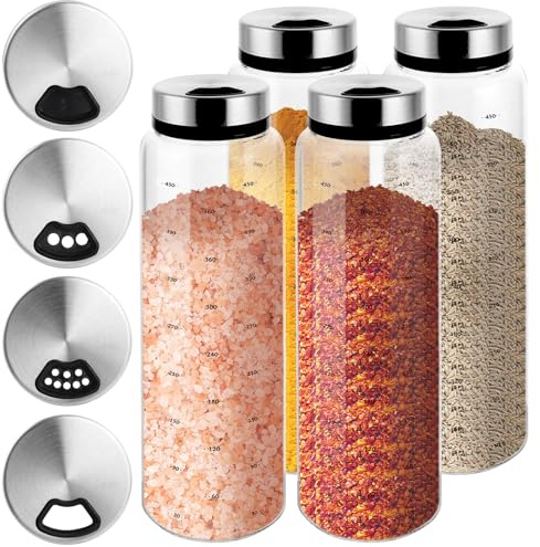 GBACHOOSE 4 Piezas Botes Especias Cristal 500 ml, Botes para Especias con Tapa Giratoria de Acero, Tarros Cocina Almacenaje Transparente para Sal Pimienta Azúcar Barbacoa