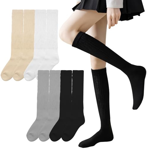 VEGCOO 4 Paires Chaussettes Hautes Montantes Femme, Empilées, Longues Tricotées, Souples et Chaudes (Blanc, Gris, Kaki, Noir)