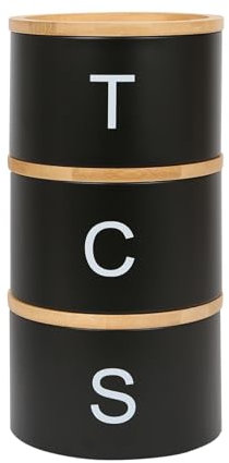 Harbour Housewares Stackable Tea Coffee Sugar Canisters with Bamboo Lids - Black - Stacking 3pc Tea Coffee and Sugar Canisters Set Airtight Kitchen Organiser Food Storage Jars
