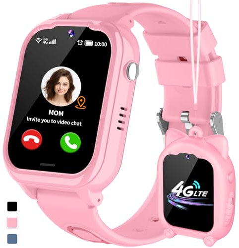 JUBUNRER 4G Montre Connectée Enfant 4G GPS WiFi Appel Vidéo SOS Podometre Marche Jeux Réveil Caméra Cartes d'apprentissage Calculatrice Musique Étanche Tracker Traceur GPS Enfant Cadeaux- Fille Garcon