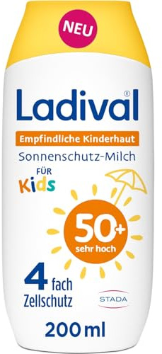 Ladival Empfindliche Kinderhaut Sonnenschutz-Milch LSF 50+: Sonnencreme für Kinder und Babys ab 6 Monaten, extra wasserfest, mit 4-fach Zellschutz, 200ml