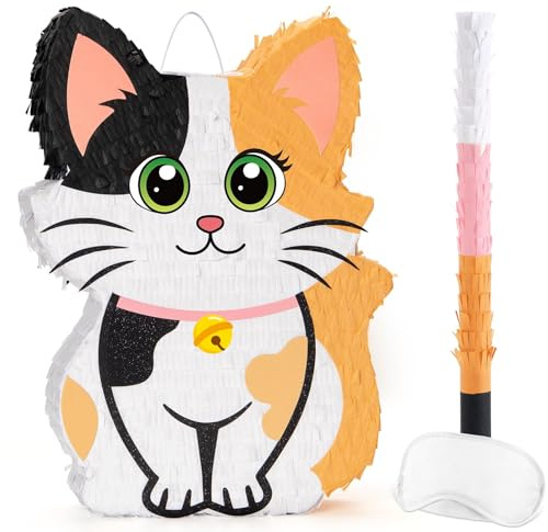WERNNSAI Piñata de gato – Lindo gatito decoración de fiesta de cumpleaños piñata con venda para los ojos y palo para fiesta temática de gatos, suministros de baby shower, celebración de aniversario