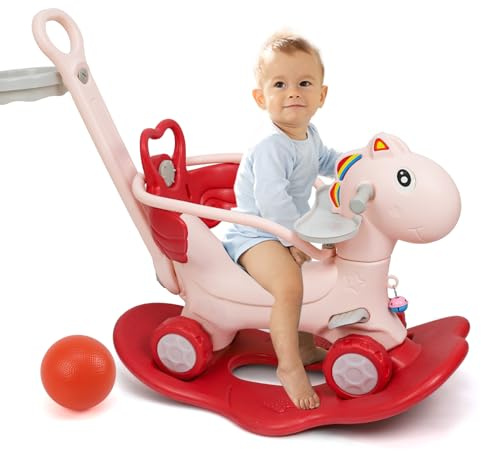 4 in 1 Rocking Horse Ages 1-3, Baby Rocking Toy Gift for Toddlers 1-3 Years Old, Balance Bike Ride On Toys with Push Handle, Backrest and Balance Board for Girl and Boy, Kids Riding Birthday (Pink)
