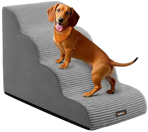 Feandrea Hundetreppe, 4 Stufen, Haustiertreppe, für kleine Hunde, Bett, Sofa, wasserdichte Katzentreppe, rutschfest, gringe Neigung, Abnehmbarer waschbarer Bezug, Griff, Taubengrau PPS004G01