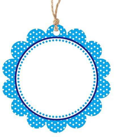 jijAcraft Etiquetas redondas de regalo de flores de 6 cm: 50 unidades de etiquetas de papel para regalo de fiesta, tarjetas de etiquetas con cordón de yute, azul y blanco, papel de regalo para