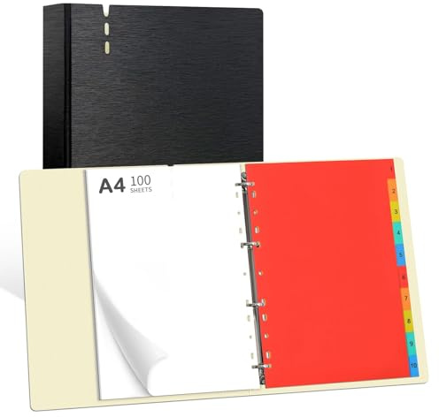 A4 Ring Binder Display Folder, 4 Ring Lever Arch Folders with 100 Punched Pockets and 10 Colorful PP Divider Pages, File Dividers with Plastic Sleeves for Paper Document Presentation (Black)