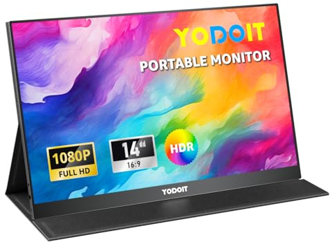 Yodoit Monitor Portatile 14 100% sRGB Display IPS FHD 1920x1080P | Secondo Schermo Esterno per laptop con Connettività USB-C e HDMI, con Altoparlanti e Custodia, Compatibile con PC, Mac, PS e Xbox