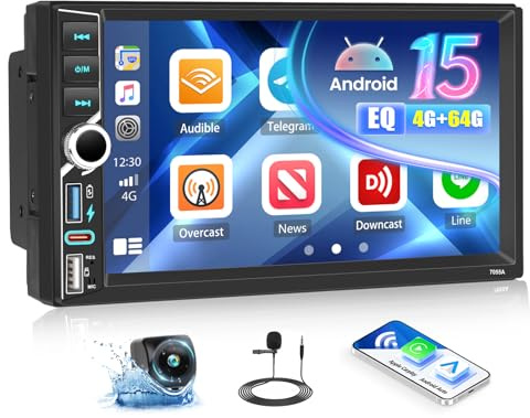 OiLiehu 4+64G Android 15 Double Din Car Stereo with Wireless CarPlay Android Auto, 7'' Touchscreen 2 Din Car Radio with WiFi, GPS, Mirror Link Bluetooth, FM RDS, SWC, EQ, USB, Type-C, Backup Camera