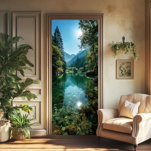 arricraft 2 calcomanías autoadhesivas para puerta, 31.5 x 78.7 pulgadas, bosque azul y verde, río, selva, paisaje, murales de puerta, calcomanías de PVC para puertas, papel pintado extraíble