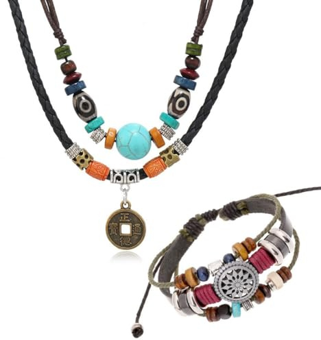 JEYORZY 2 Pcs Juegos De Joyas Bohemia Para Mujeres, Pulseras De Cuero Bohemio Multicapa, Vintage Collar Cuentas De Madera, Collar Tribal Occidental, Pulsera Étnica, Bisuteria Collares Mujer Verano