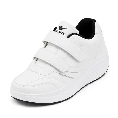 JOMIX Chaussures Homme Scratch Baskets Respirantes avec Semelle Basculante Antidérapante Sneakers Confortables en Cuir Chaussure de Marche Légères (Blanc,41)