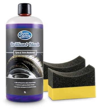 Greased Lightning Brilliant Black Tyre & Trim Restorer - Restores New Look Shine to Car Tyres and External Trims, Quick and Easy Application - 1 Litre Plus 2 Tyre Sponges