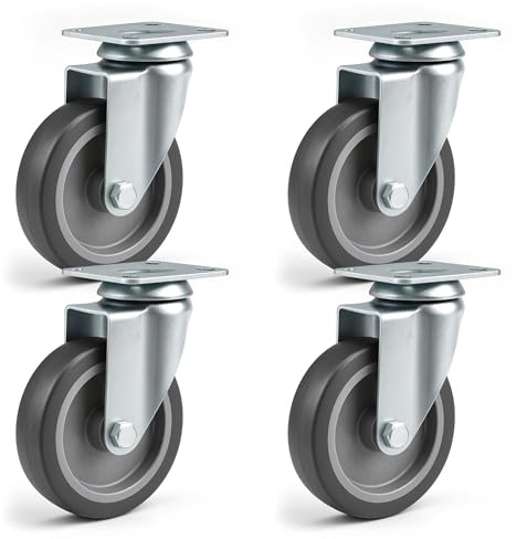 Wiltec Jeu 4x Roulette pivotante en caoutchouc – Ø 100 mm – Capacité de charge 80 kg – Roue sans Frein, avec Plaque de montage – Transport Appareil Accessoire Meuble – Usage silencieux sans trace